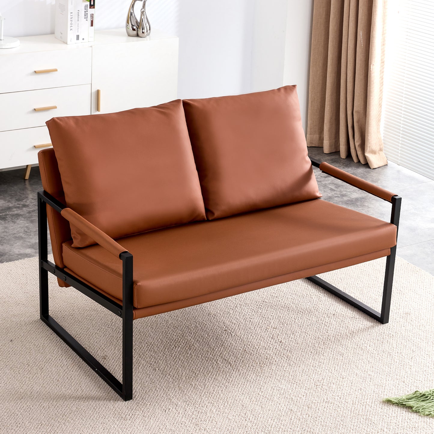 Modern Two-Seater Sofa Chair with 2 Pillows - PU Leather, High-Density Foam, Black Coated Metal Frame.BrownSF-D008-BR