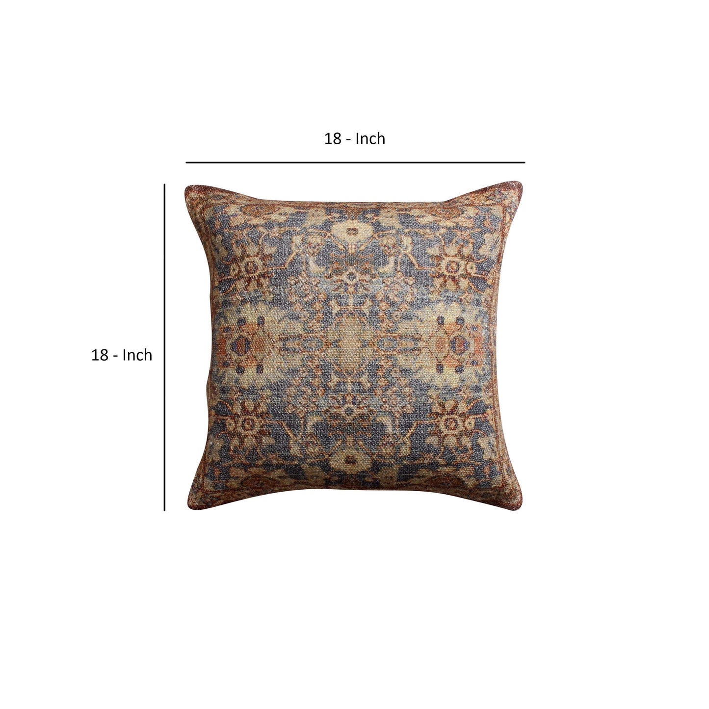 Gib 18 x 18 Handcrafted Square Cotton Accent Throw Pillow, Ornate Vintage Floral Pattern, Blue, Brown