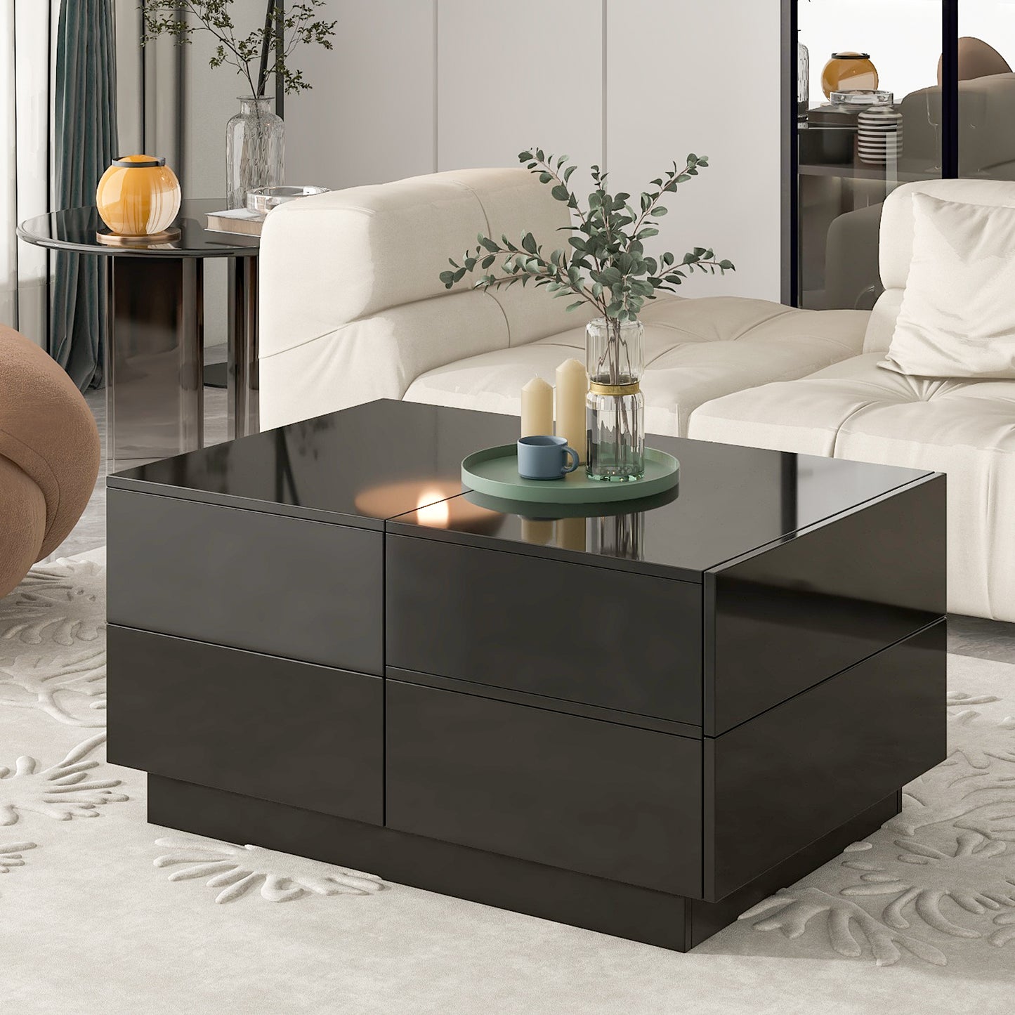 ON-TREND Extendable Coffee Table with 4 Drawers, Rectangle Cocktail Table with Hidden Storage Compartment, UV High-gloss Center Table with Sliding Top for Living Room, 35.4"x 23.6", Black