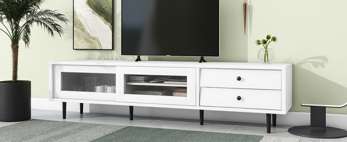 ON-TREND Chic Elegant Design TV Stand with Sliding Fluted Glass Doors, Slanted Drawers Media Console for TVs Up to 75", Modern TV Cabinet with Ample Storage Space, White