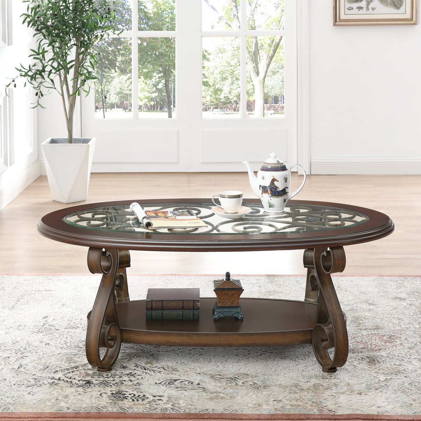 Coffee Table with Glass Table Top and Powder Coat Finish Metal Legs,Dark Brown (52.5"X28.5"X19.5")