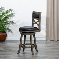 30" Bar Height X-Back Swivel Stool,  Weathered Gray Finish, Black Leather Seat