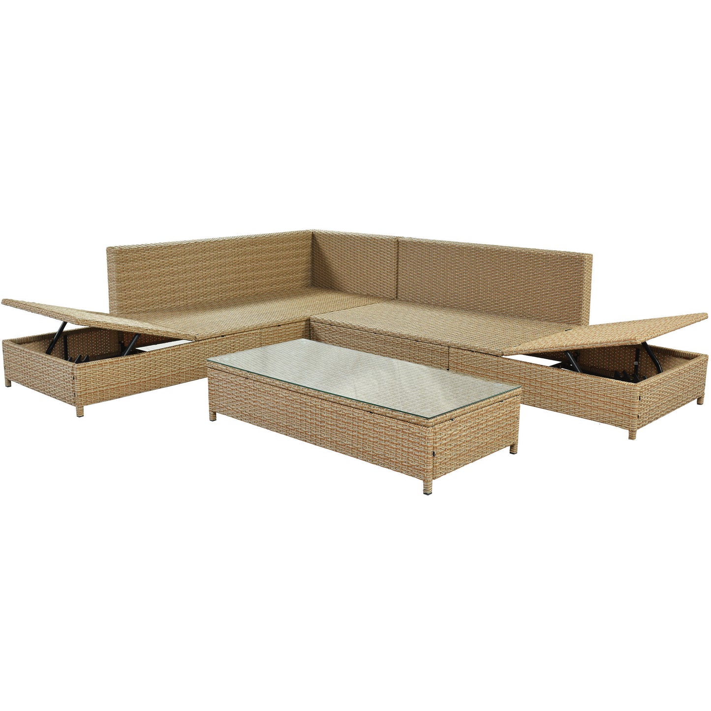 TOPMAX Patio 3-Piece Rattan Sofa Set All Weather PE Wicker Sectional Set with Adjustable Chaise Lounge Frame and Tempered Glass Table, Natural Brown+ Beige Cushion