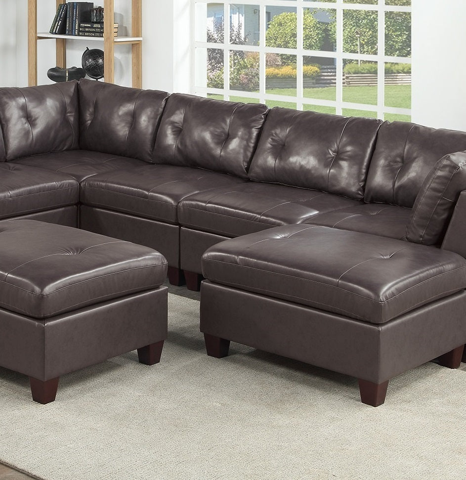 Contemporary Genuine Leather Dark Coffee Tufted 8pc Sectional Set 3x Corner Wedge 3x Armless Chair 2x Ottomans Living Room Furniture Sofa Couch