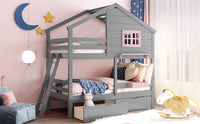 Twin over Twin Bunk Bed with 2 Drawers, 1 Storage Box, 1 Shelf, Window and Roof-Gray(OLD SKU:LT000608AAE)