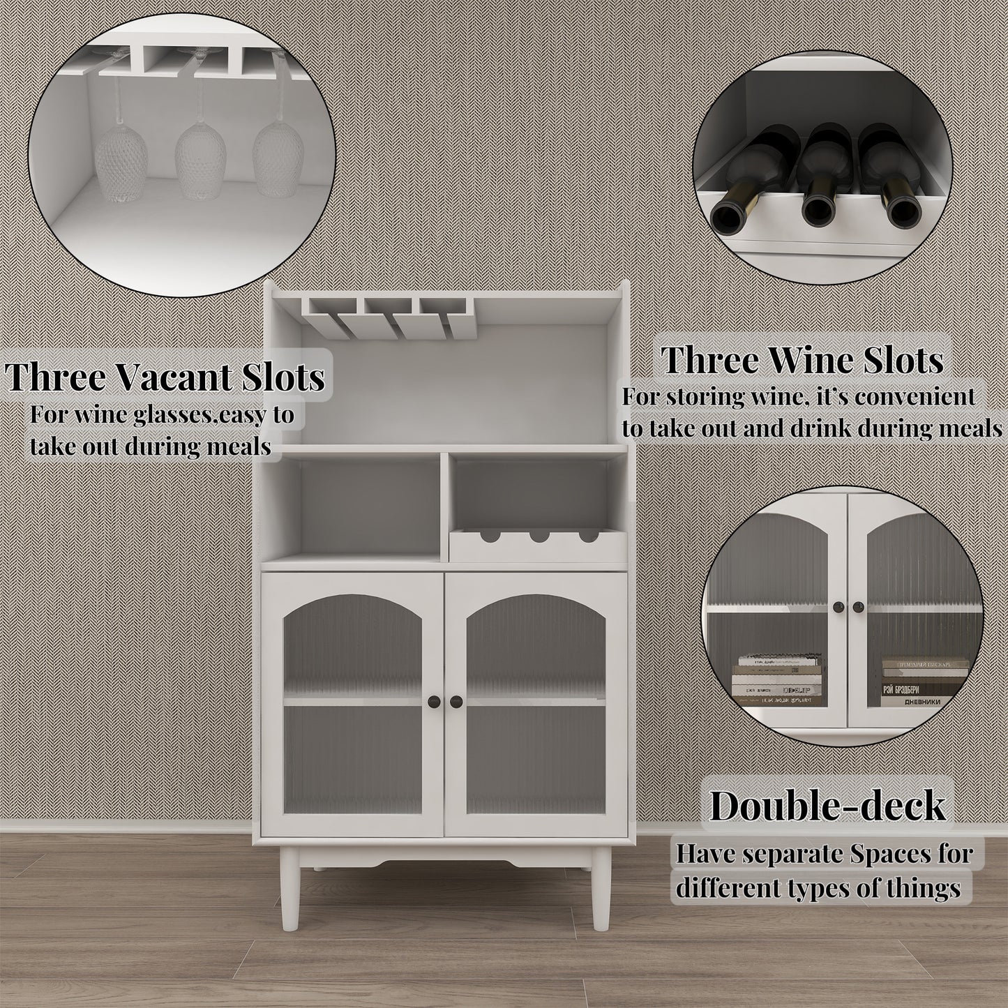 Living room White wine cabinet with removable wine rack and wine glass rack, a glass door cabinet