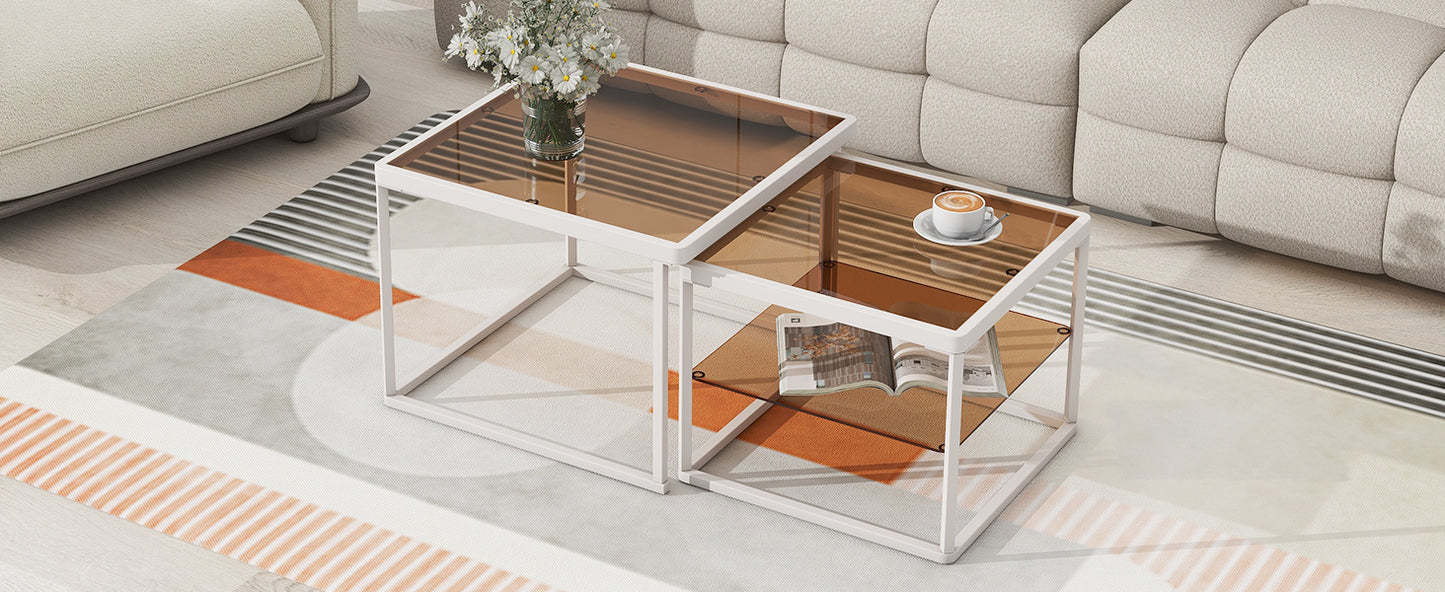 ON-TREND Modern Nested Coffee Table Set with High-low Combination Design, Brown Tempered Glass Cocktail Table with Metal Frame, Length Adjustable 2-Tier Center&End Table for Living Room, White