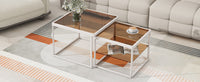 ON-TREND Modern Nested Coffee Table Set with High-low Combination Design, Brown Tempered Glass Cocktail Table with Metal Frame, Length Adjustable 2-Tier Center&End Table for Living Room, White