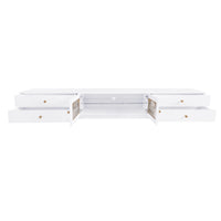 ON-TREND Luxurious TV Stand with Fluted Glass Doors, Elegant and Functional Media Console for TVs Up to 90'', Tempered Glass Shelf TV Cabinet with Multiple Storage Options, White