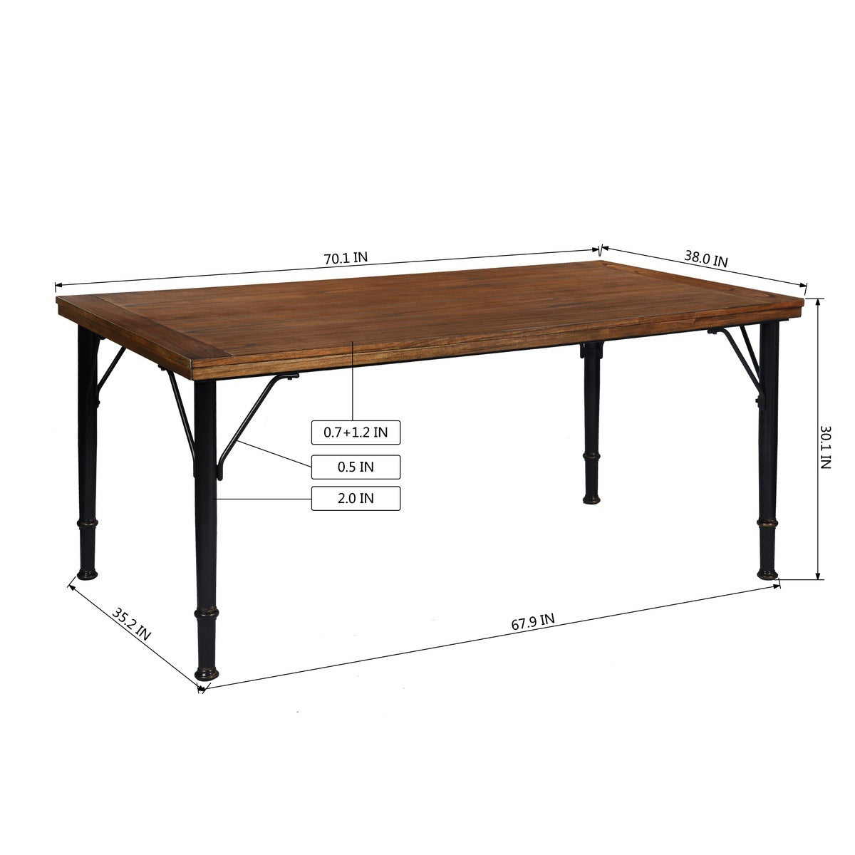 70.1" Solid wood veneered dining table, Rustic Brown & Black