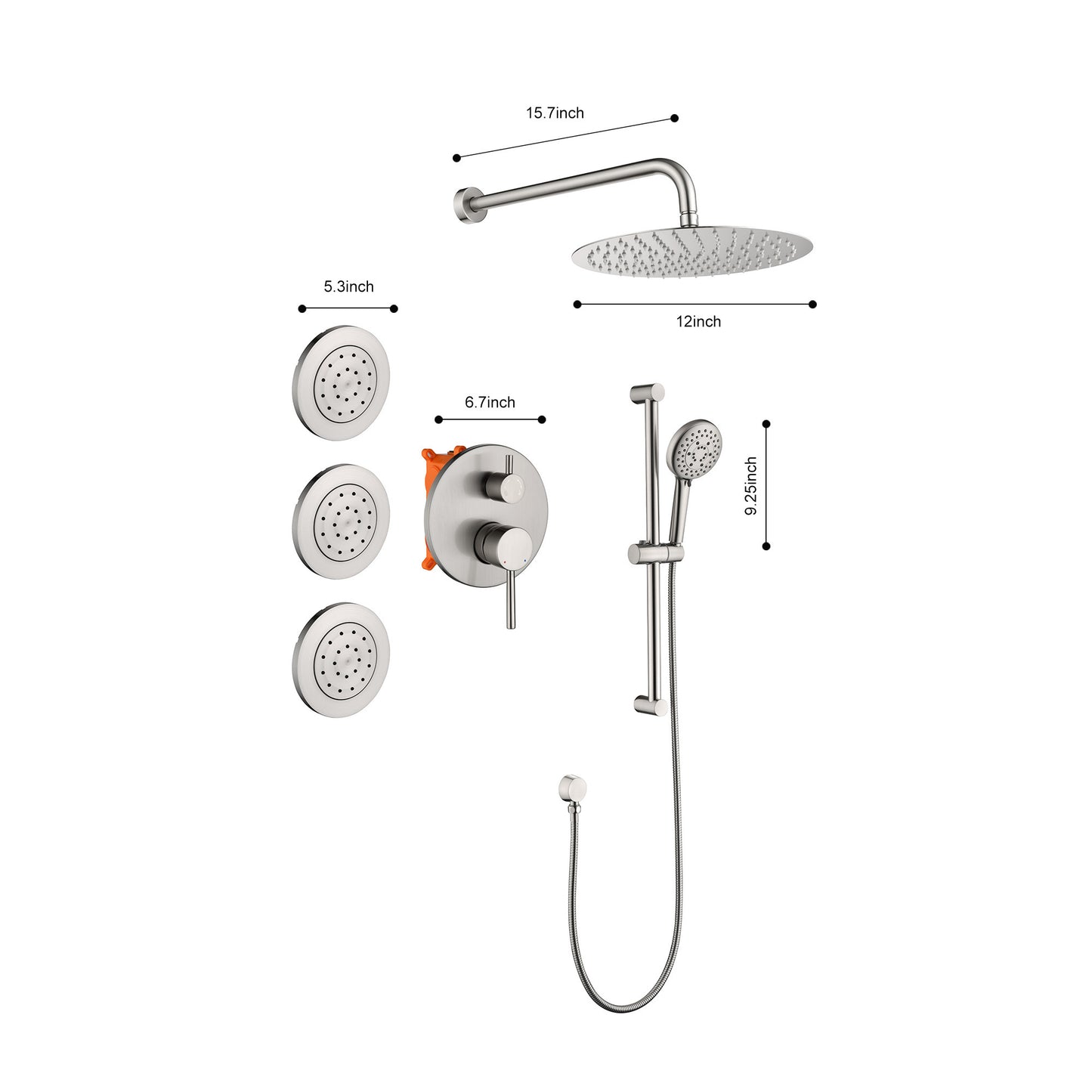 Shower System with Shower Head, Hand Shower, Slide Bar, Bodysprays, Shower Arm, Hose, Valve Trim, and Lever Handles