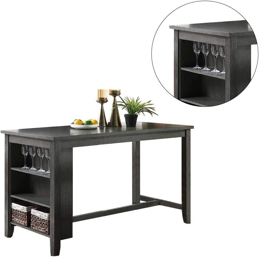 Modern Gray Wash Finish 5pc Counter Height High Dining Table w Storage Shelves 4x High Chairs Wooden Kitchen Breakfast Table Dining Room Furniture