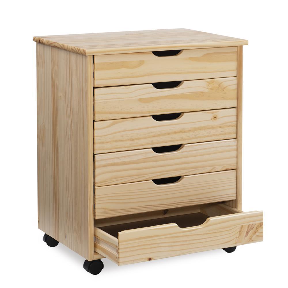 Six Drawer Wide Roll Storage Cart, Natural Wood Finish, Office and Home Furniture