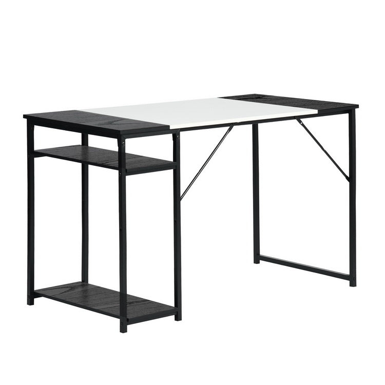 47.2" L x 23.6" D Writing Computer Desk, Home Office Study Desk with 2 Storage Shelves on Right Side, Fashion Simple Style Wood Table Metal Frame- White & Black