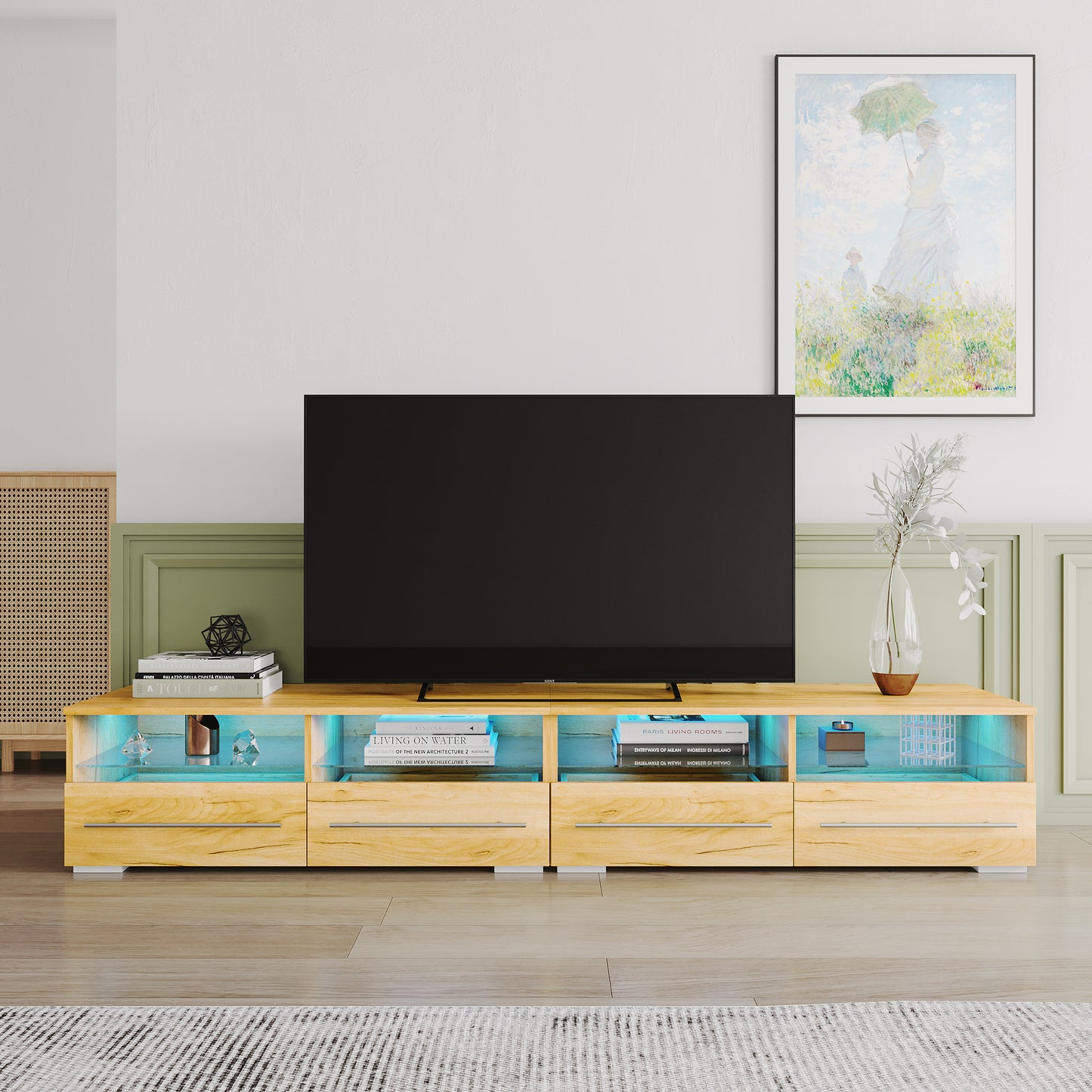 The Wood grain color TV cabinet has two drawers with color-changing light strips