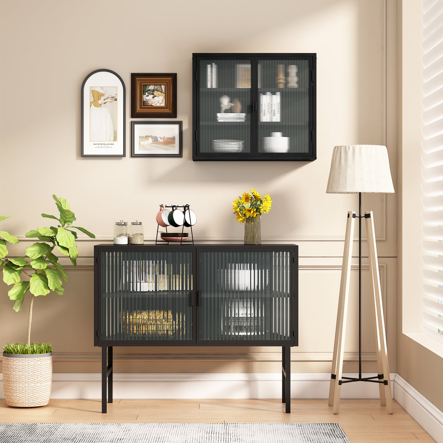 27.56"Glass Doors Modern Two-door Wall Cabinet with Featuring Three-tier Storage for Entryway Living Room Bathroom Dining Room,Matte Black