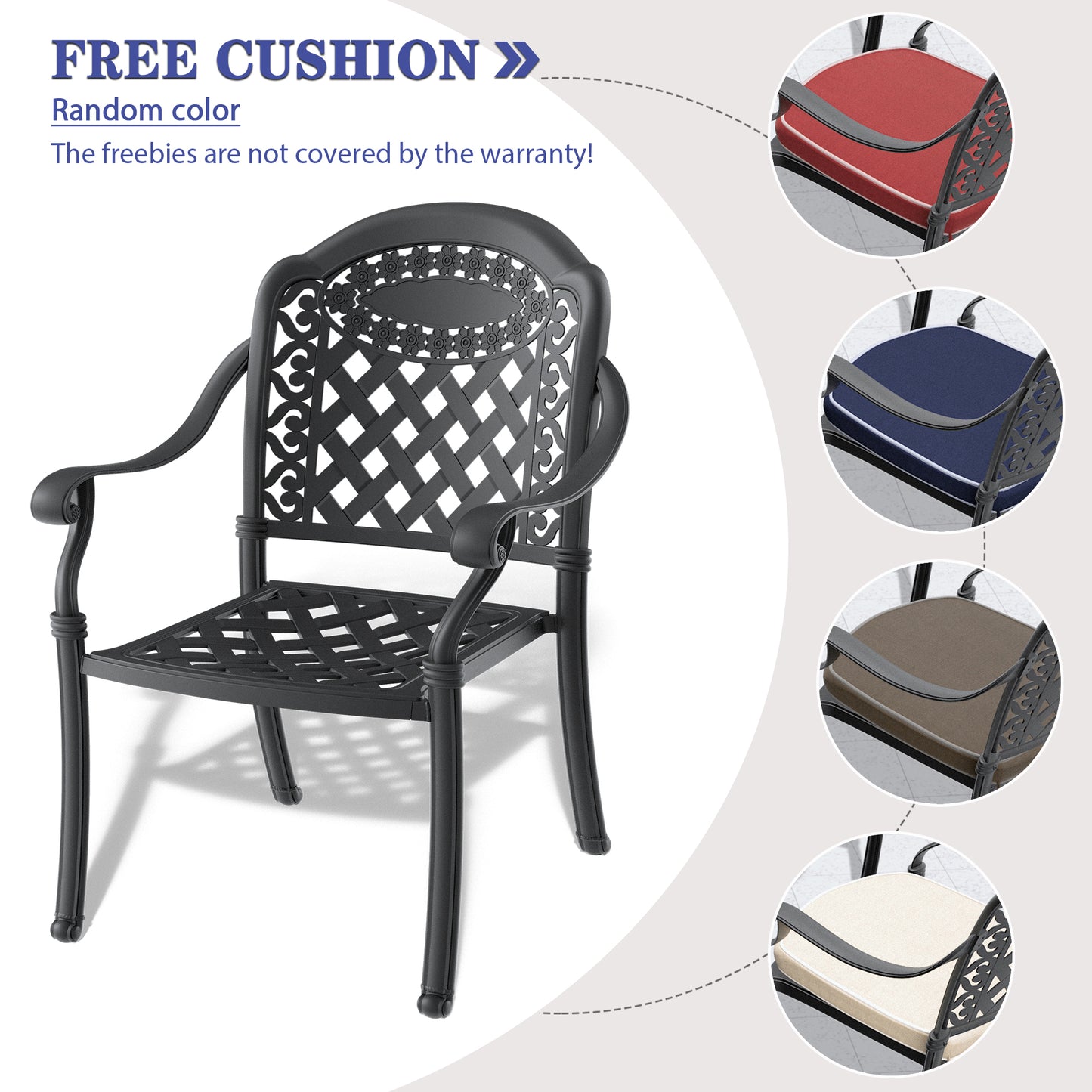 7-Piece Set Of Cast Aluminum Patio Furniture  With Black Frame and  Seat Cushions In Random Colors