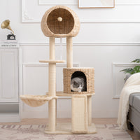 Cat Tree, 59-Inch Cat Tower for Indoor Cats, Plush Multi-Level Cat Condo with 2 Perches, 2 Caves, Cozy Basket and Scratching Board, Beige