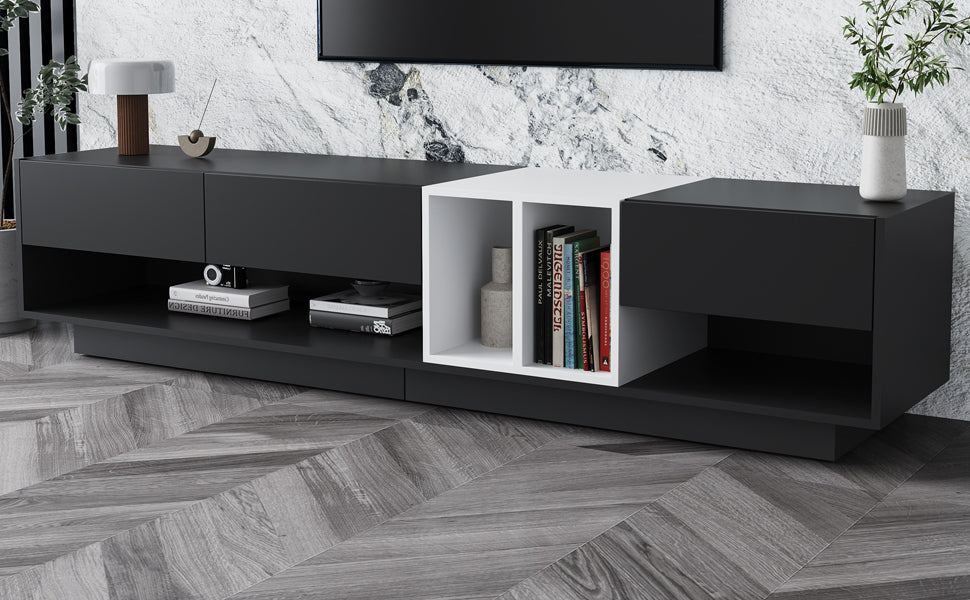 ON-TREND Sleek and Stylish TV Stand with Perfect Storage Solution, Two-tone Media Console for TVs Up to 80'', Functional TV Cabinet with Versatile Compartment for Living Room, Black