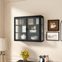 27.56"Glass Doors Modern Two-door Wall Cabinet with Featuring Three-tier Storage for Entryway Living Room Bathroom Dining Room,Matte Black