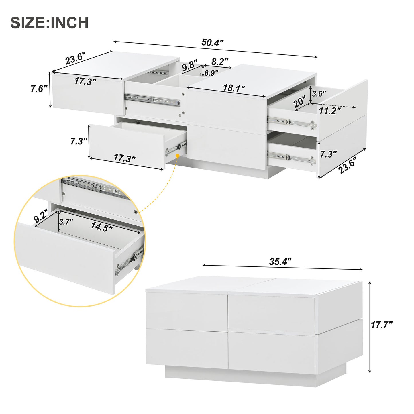 ON-TREND Extendable Coffee Table with 4 Drawers, Rectangle Cocktail Table with Hidden Storage Compartment, UV High-gloss Center Table with Sliding Top for Living Room, 35.4"x 23.6", White