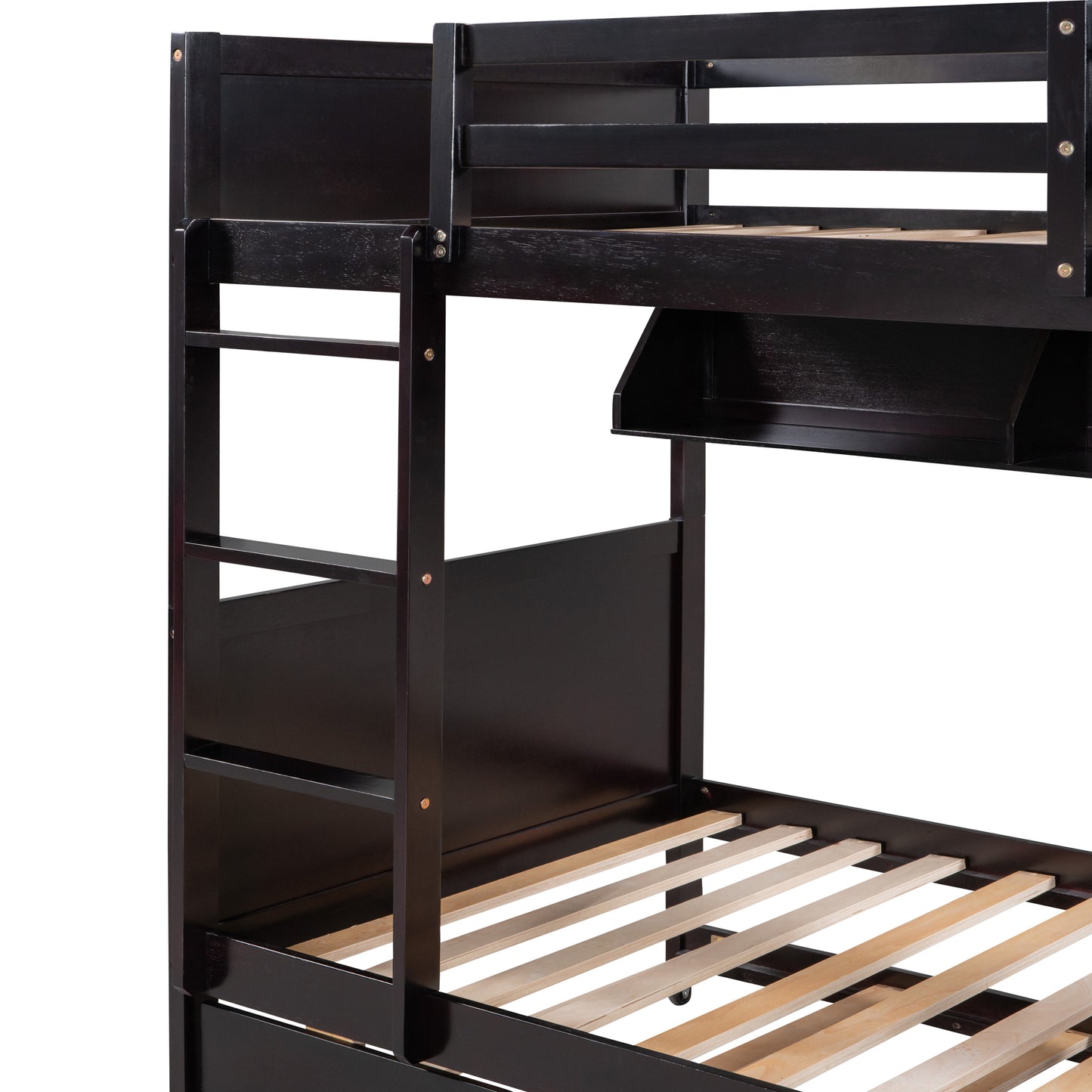 Twin-Over-Twin Bunk Bed with Twin size Trundle , Separable Bunk Bed with Bookshelf for Bedroom -Espresso