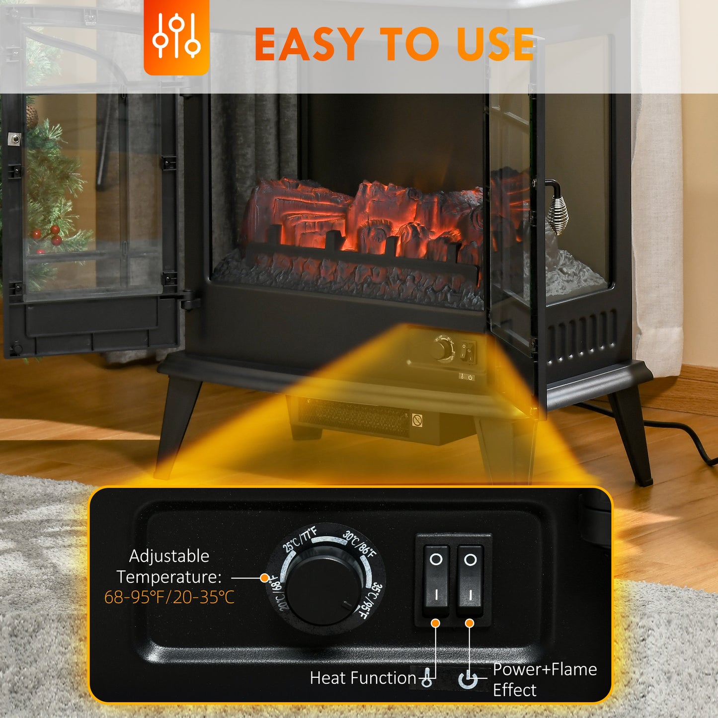 HOMCOM 29" Electric Fireplace Heater, Freestanding Fire Place Stove with Realistic LED Log Flames and Overheating Safety Protection, 1400W, Black