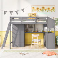 Twin Size Loft Bed with Wardrobe and Drawers, attached Desk with Shelves, Gray