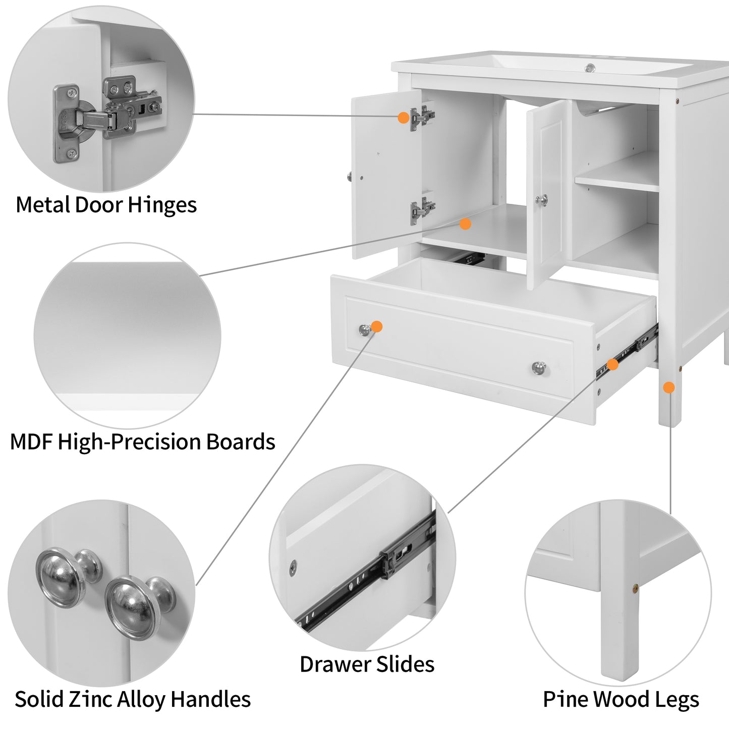 30" Bathroom Vanity Base Only, Solid Wood Frame, Bathroom Storage Cabinet with Doors and Drawers, White