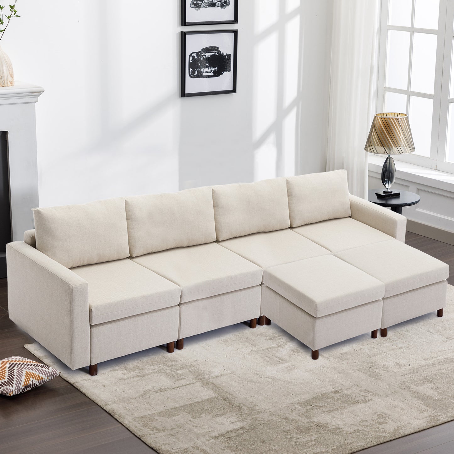 4 Seat Module Sectional Sofa Couch With 2 Ottoman for living room,Seat Cushion and Back Cushion Non-Removable and Non-Washable,Cream