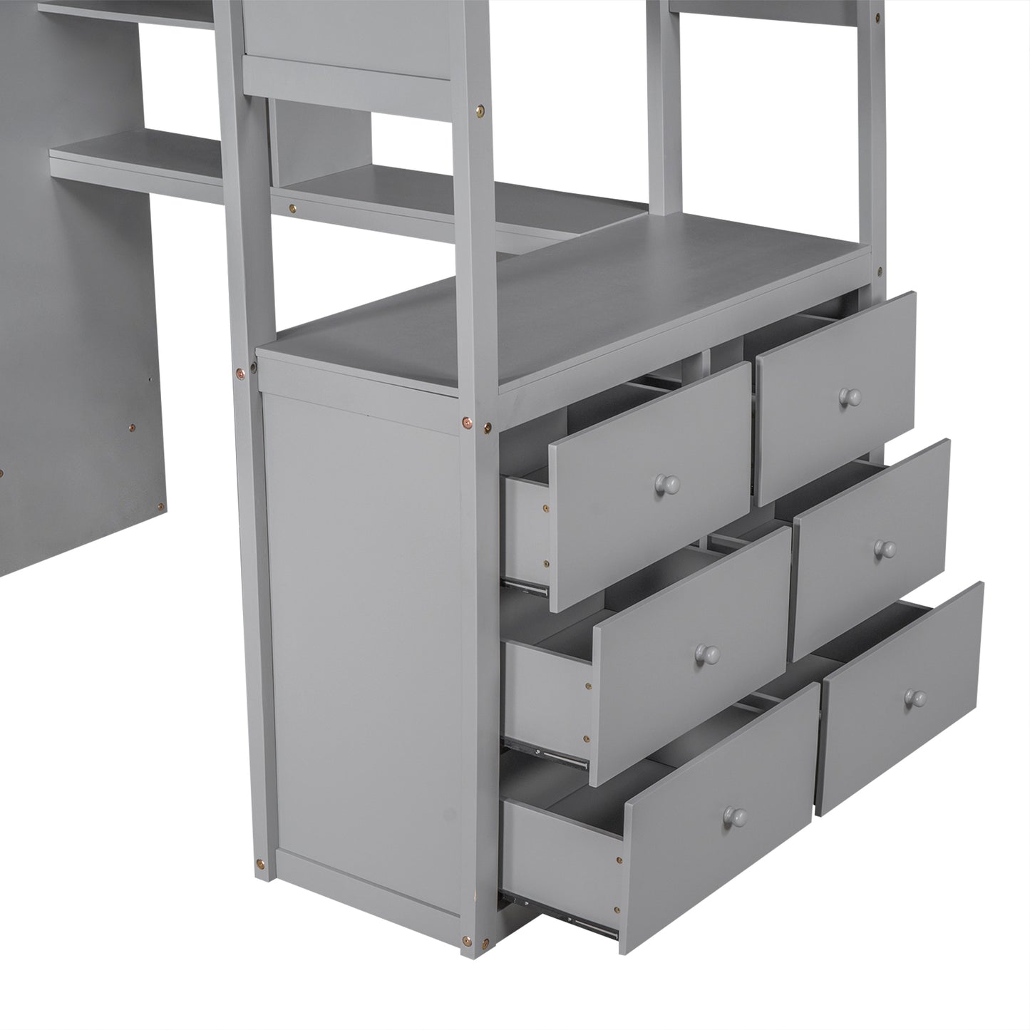 Twin Size Loft Bed with Wardrobe and Drawers, attached Desk with Shelves, Gray