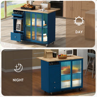 Kitchen Island with Drop Leaf, LED Light Kitchen Cart on Wheels with 2 Fluted Glass Doors and 1 Flip Cabinet Door, Large Kitchen Island Cart with an Adjustable Shelf and 2 Drawers (Navy Blue)