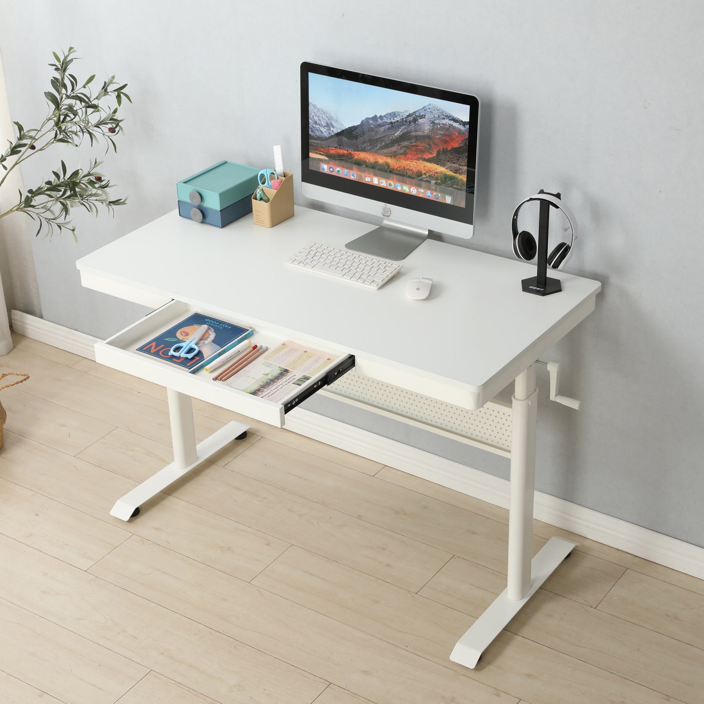 (White Tabletop) 48 x 24 InchesStanding Desk with Metal Drawer  , Adjustable Height  Stand up Desk, Sit Stand Home Office Desk, Ergonomic Workstation