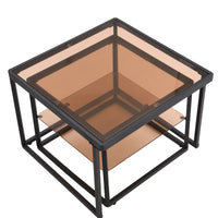 ON-TREND Modern Nested Coffee Table Set with High-low Combination Design, Brown Tempered Glass Cocktail Table with Metal Frame, Length Adjustable 2-Tier Center&End Table for Living Room, Black