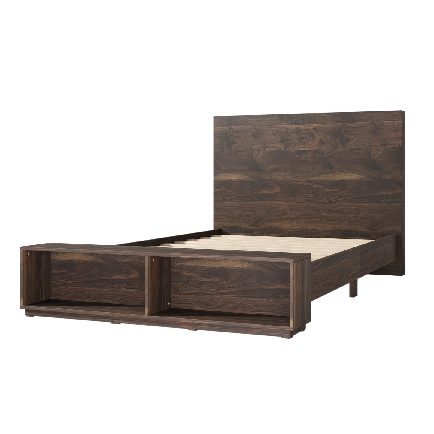 Queen Size Wood Platform Bed with Storage Bench in Walnut