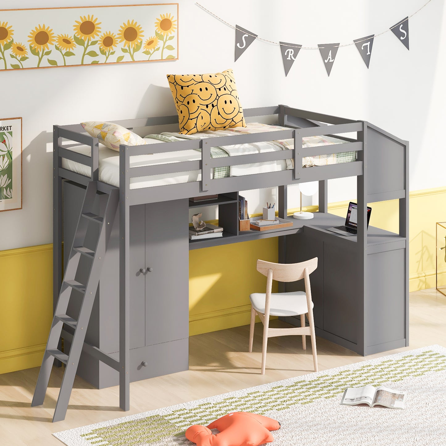 Twin Size Loft Bed with Wardrobe and Drawers, attached Desk with Shelves, Gray