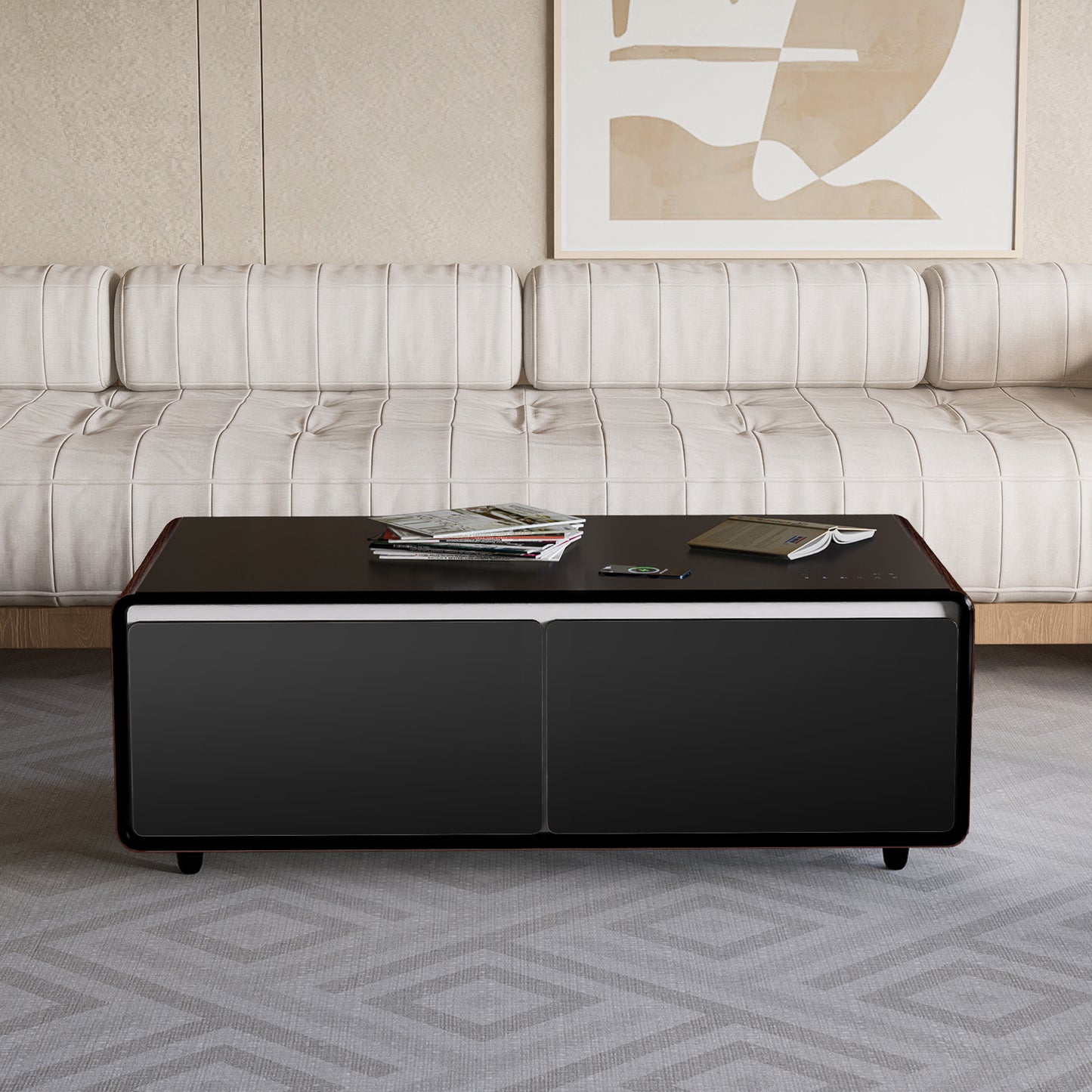 Modern Smart Coffee Table with Built-in Fridge, Bluetooth Speaker, Wireless Charging Module, Touch Control Panel, Power Socket, USB Interface, Outlet Protection, Atmosphere light, and More