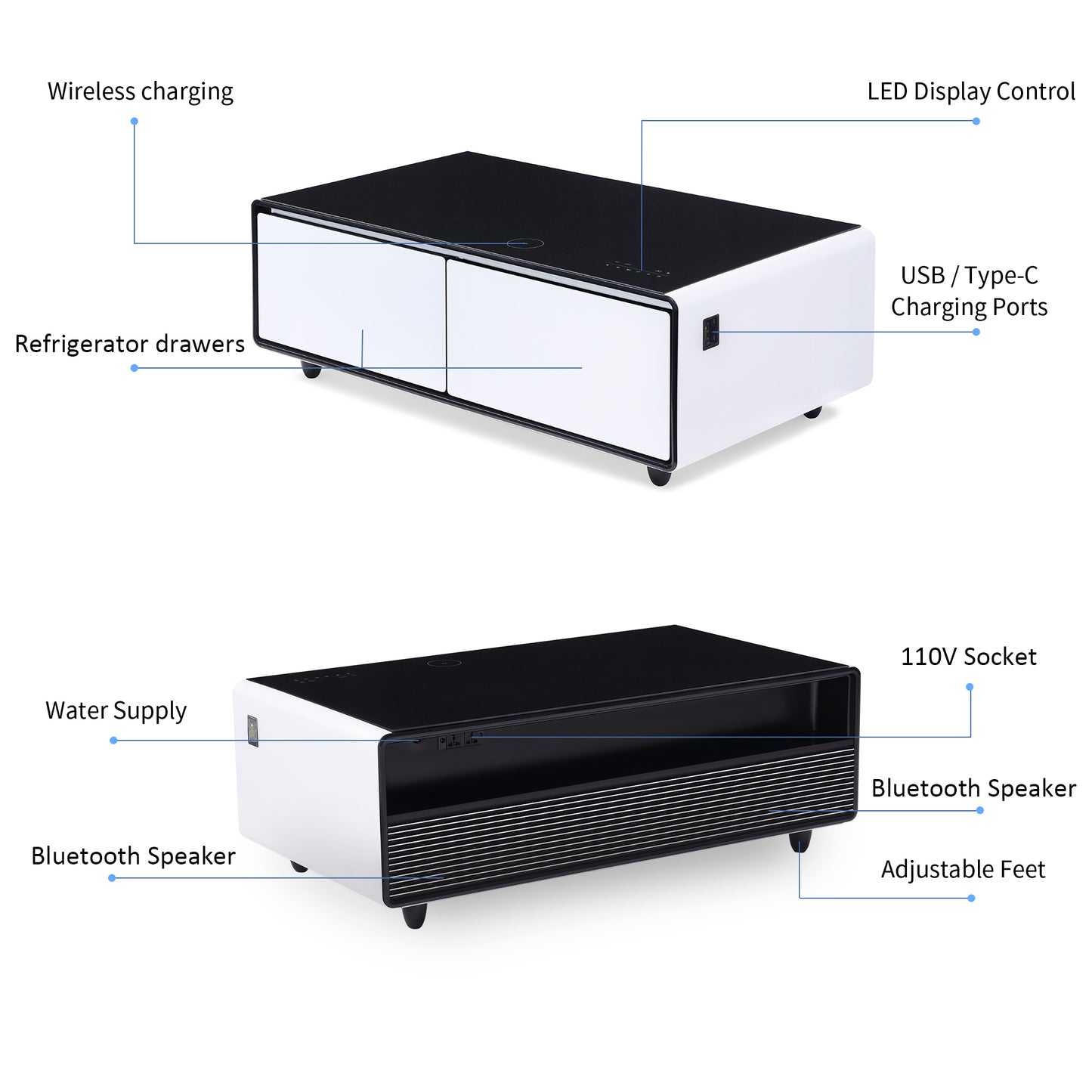 Modern Smart Coffee Table with Built-in Fridge, Bluetooth Speaker, Wireless Charging Module, Touch Control Panel, Power Socket, USB Interface, Outlet Protection, Atmosphere light, White