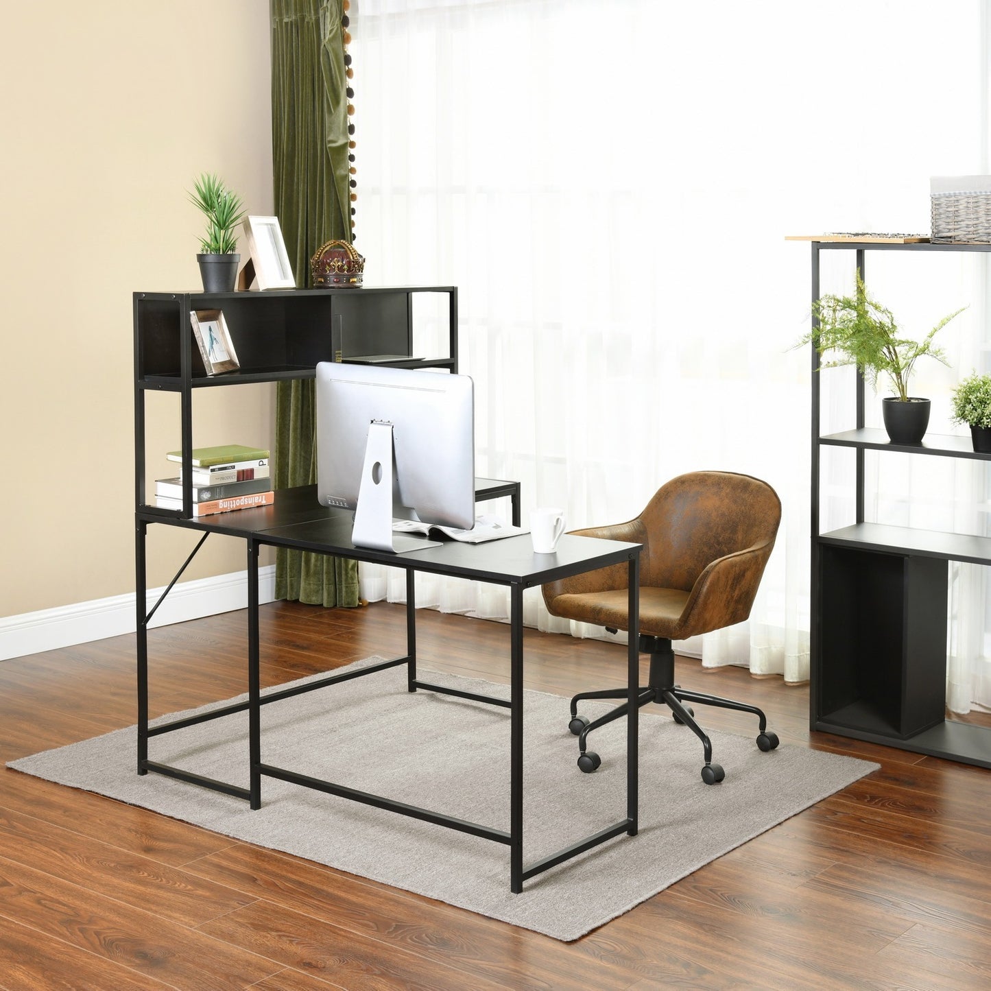 L-Shaped Desk with Hutch Reversible Corner Computer Desk with Storage Shelves, Industrial 54.3" L Shaped Desk Large Gaming Desk Saves Space for Home Office, Black