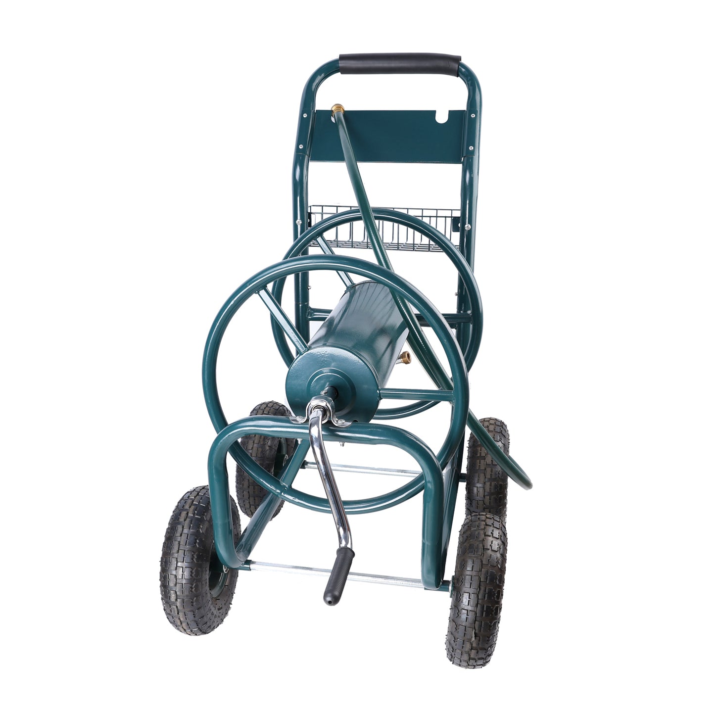 Garden Hose Reel Cart - 4 Wheels Portable Garden Hose Reel Cart with Storage Basket Rust Resistant Heavy Duty Water Hose Holder