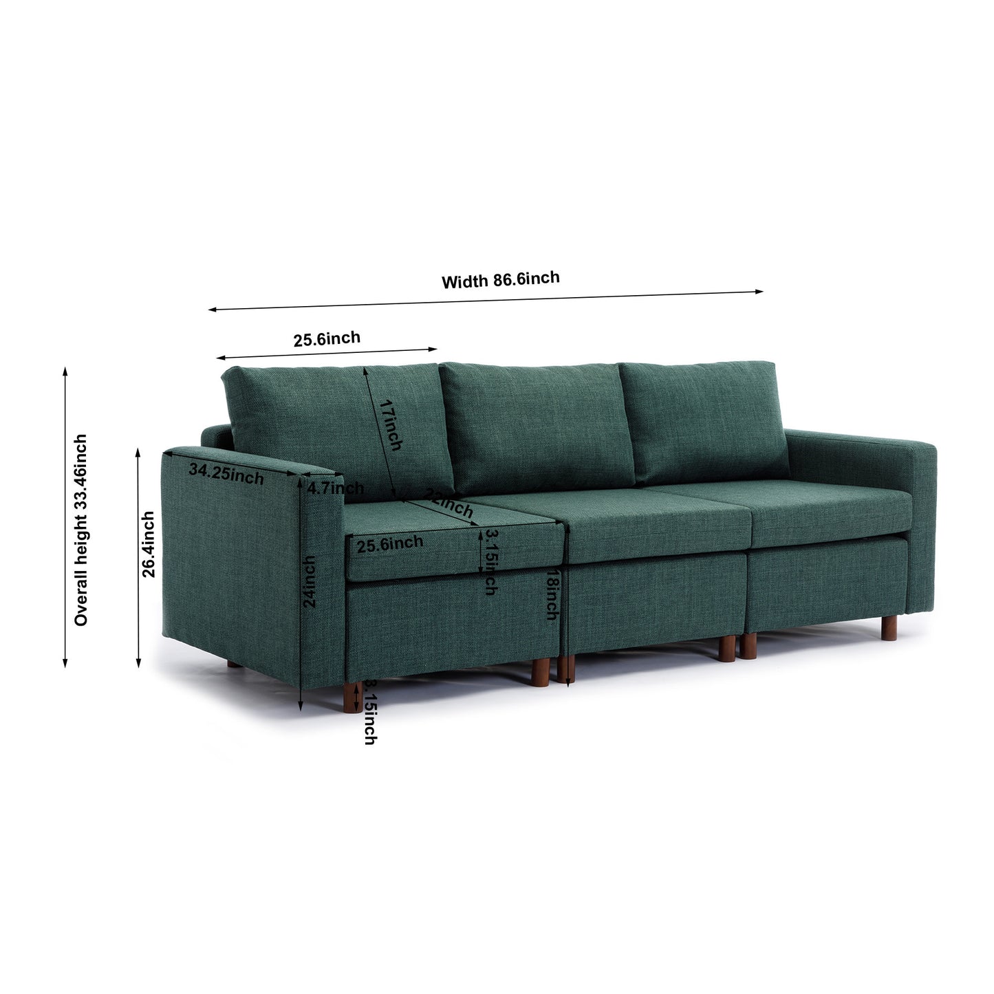 3 Seat Module Sectional Sofa Couch With 2 Ottoman for living room,Seat Cushion and Back Cushion Non-Removable and Non-Washable,Green