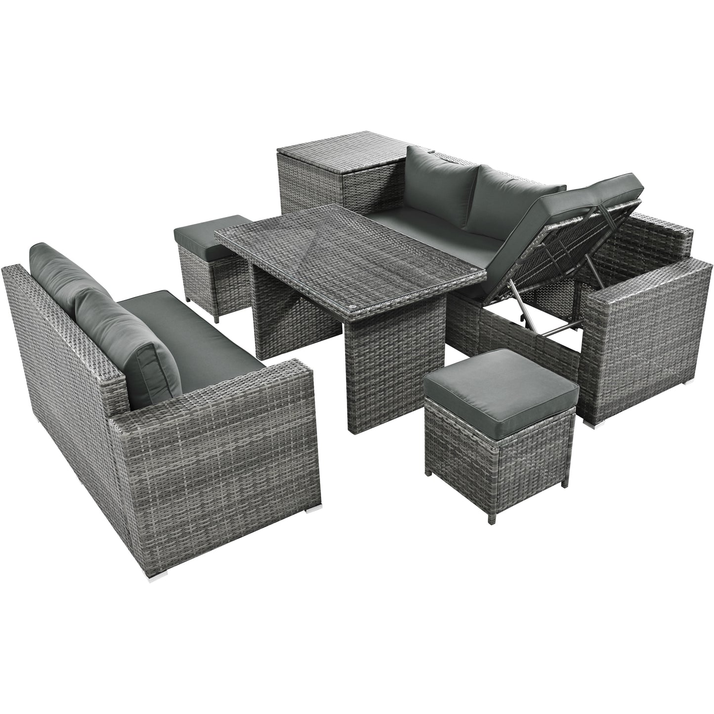 TOPMAX Outdoor 6-Piece All Weather PE Rattan Sofa Set, Garden Patio Wicker Sectional Furniture Set with Adjustable Seat, Storage Box, Removable Covers and Tempered Glass Top Table,Grey