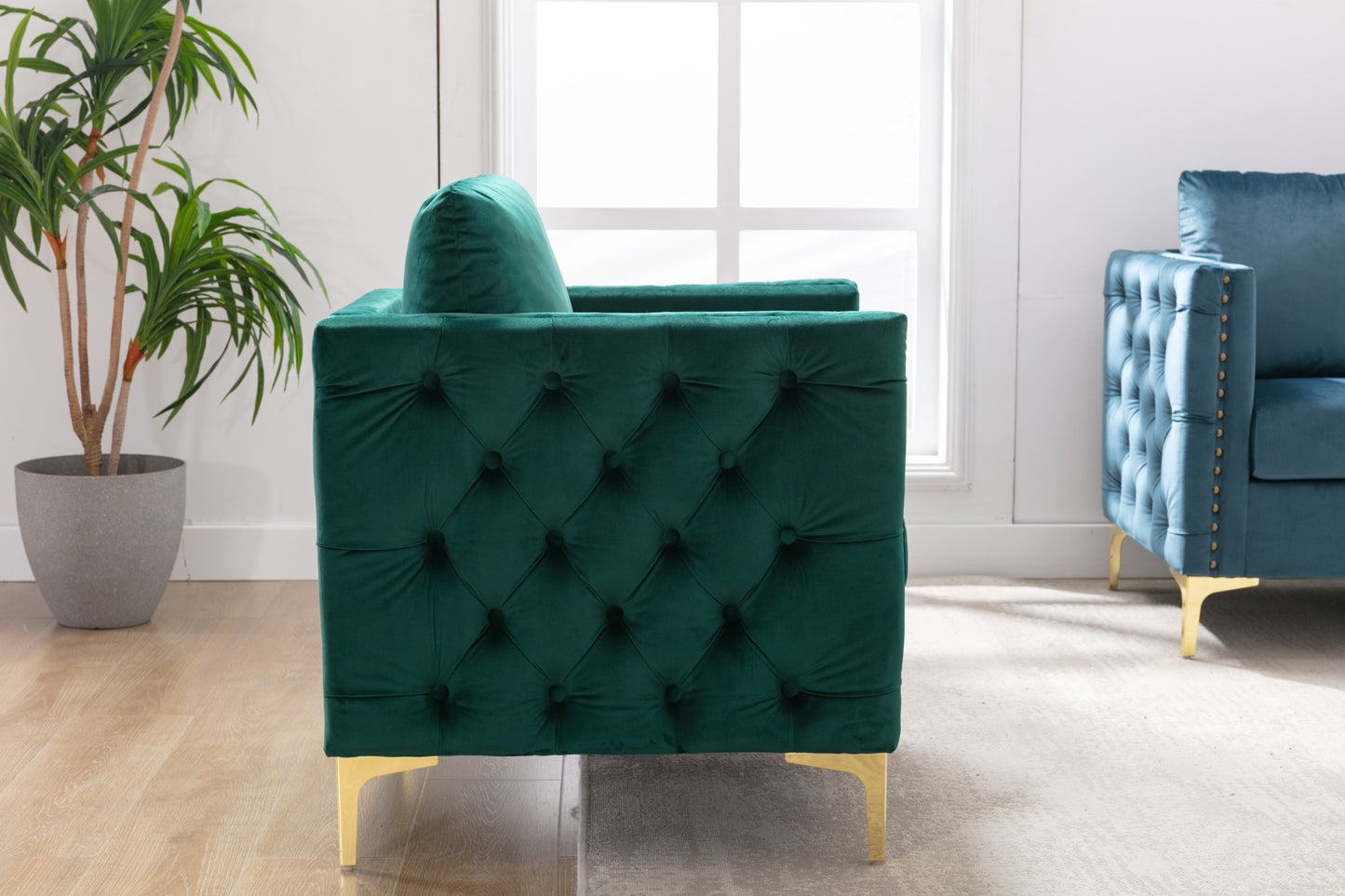 Modern Velvet Armchair Tufted Button Accent Chair Club Chair with Steel Legs for Living Room Bedroom,Green