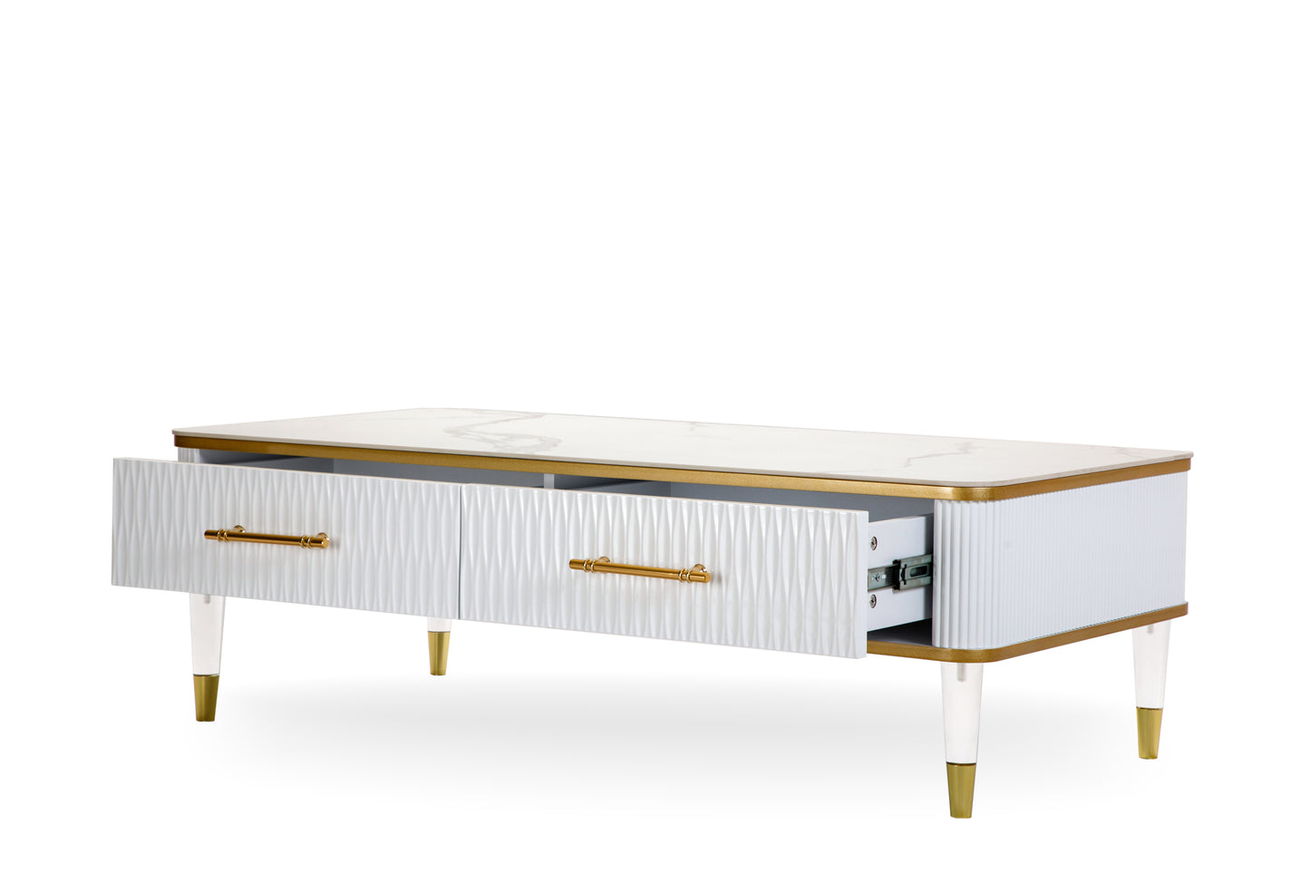 Modern White/Gold tone Sintered Matte Stone Top Coffee Table W/ Drawer