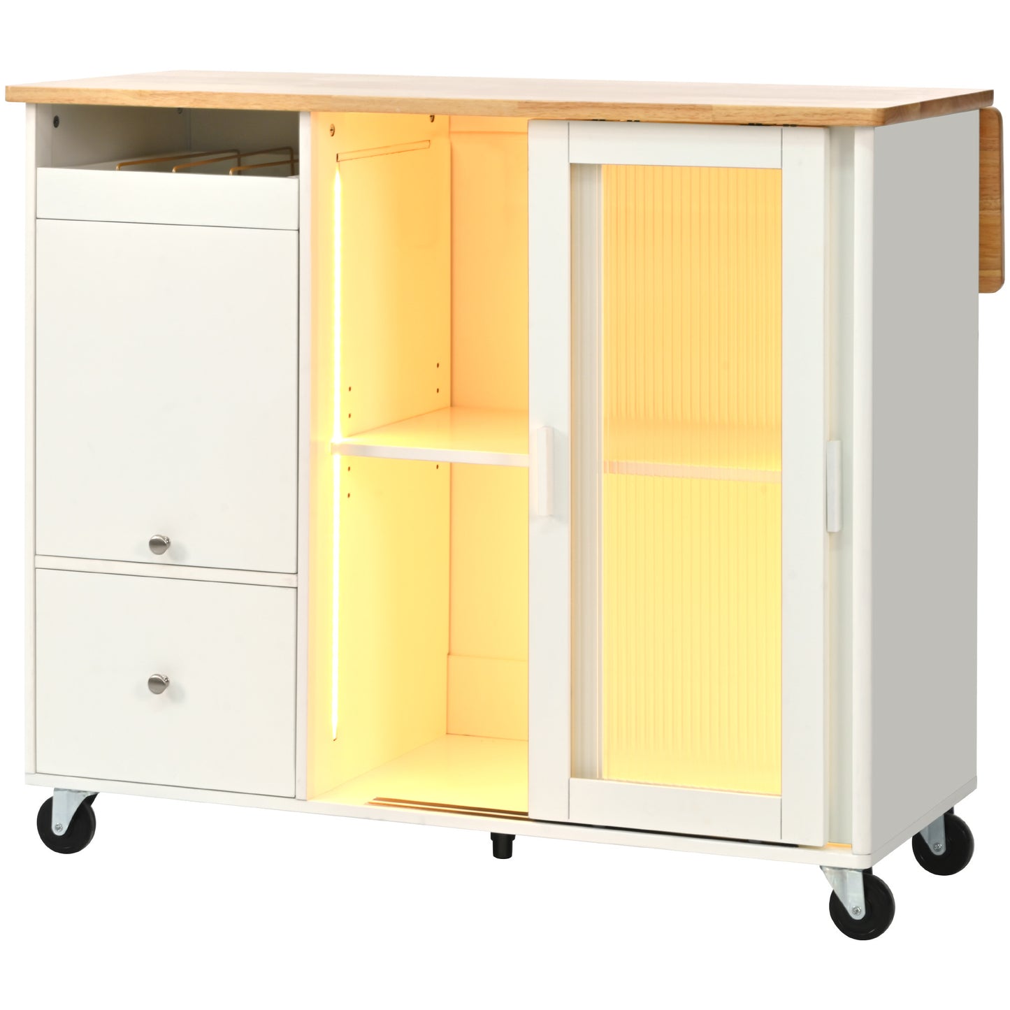 Kitchen Island with Drop Leaf, LED Light Kitchen Cart on Wheels with 2 Fluted Glass Doors and 1 Flip Cabinet Door, Large Kitchen Island Cart with an Adjustable Shelf and 2 Drawers (White)