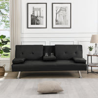 Sofa Bed with Armrest two holders  WOOD FRAME, STAINLESS LEG, FUTON BLACK  PVC