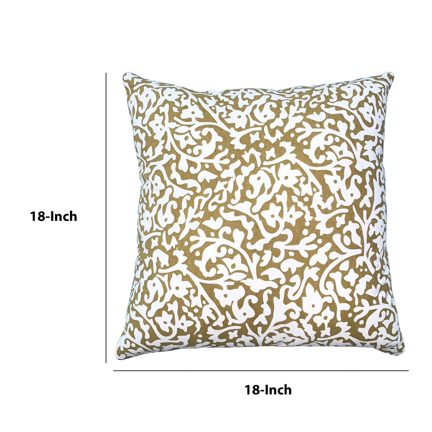 18 x 18 Handcrafted Cotton Square Accent Throw Pillow, Elegant Filigree Pattern, White and Gold