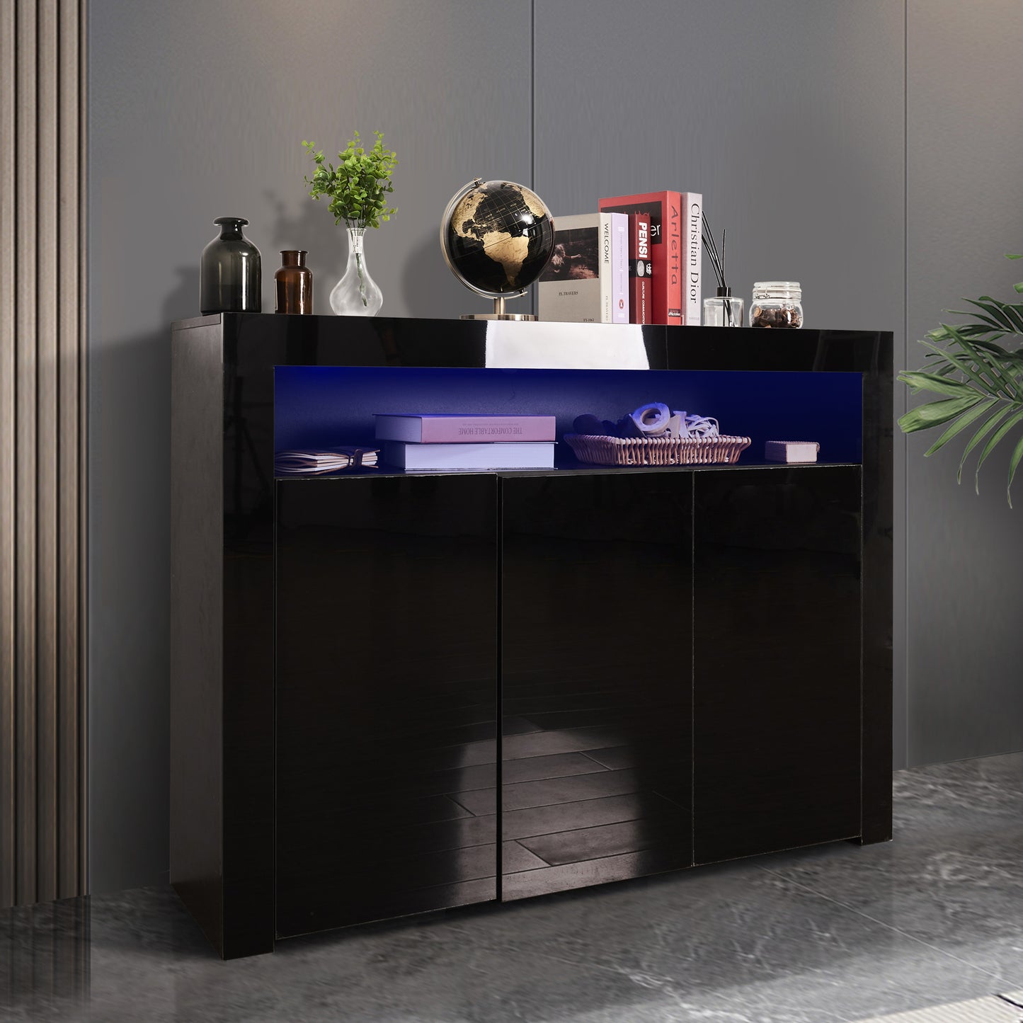 Living Room Sideboard Storage Cabinet Black High Gloss with LED Light, Modern Kitchen Unit Cupboard Buffet Wooden Storage Display Cabinet TV Stand with 3 Doors for Hallway Dining Room