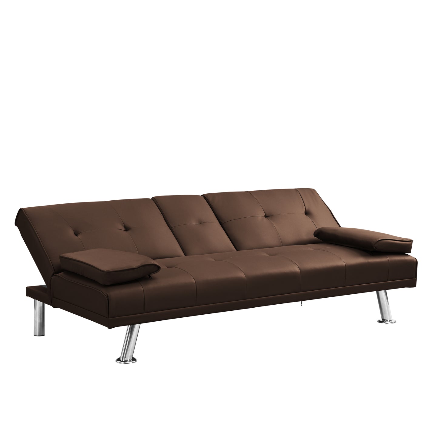 Sofa Bed with Armrest two holders  WOOD FRAME, STAINLESS LEG, FUTON BROWN  PVC