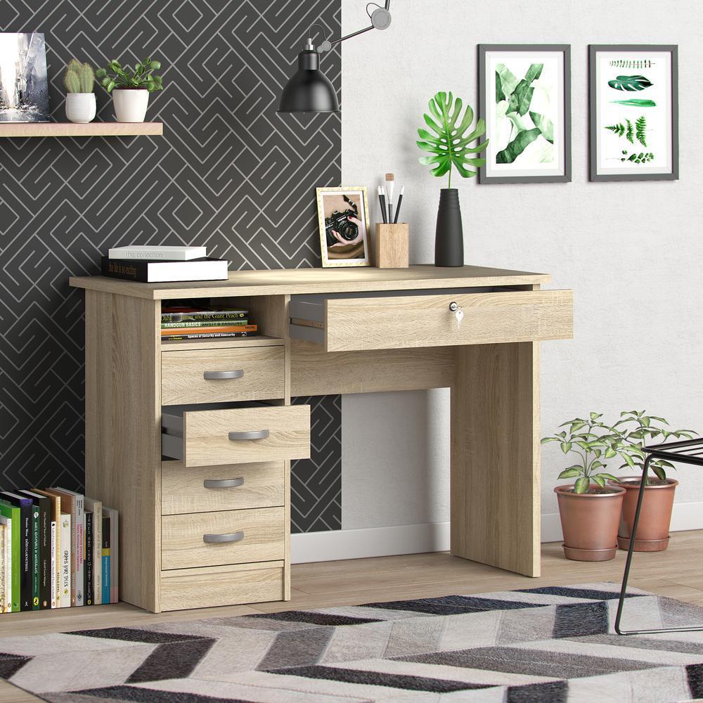 Modern Desk with 5 Storage Drawers for Living Room or Home Office, Oak Structure